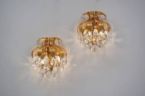 Palwa crystal pair wall lights by Ernst Palme, brass pineapple, 1960`s, German